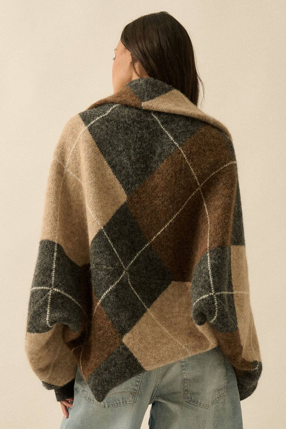 Argyle Jacquard-Knit Shrug Cardigan Charcoal | Promesa