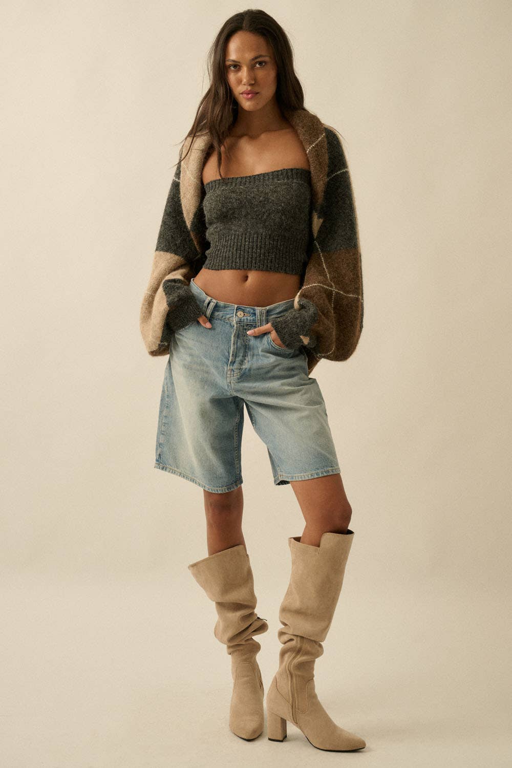 Argyle Jacquard-Knit Shrug Cardigan Charcoal | Promesa