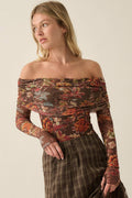Floral-Print Mesh Foldover Off-Shoulder Bodysuit Chocolate | Promesa