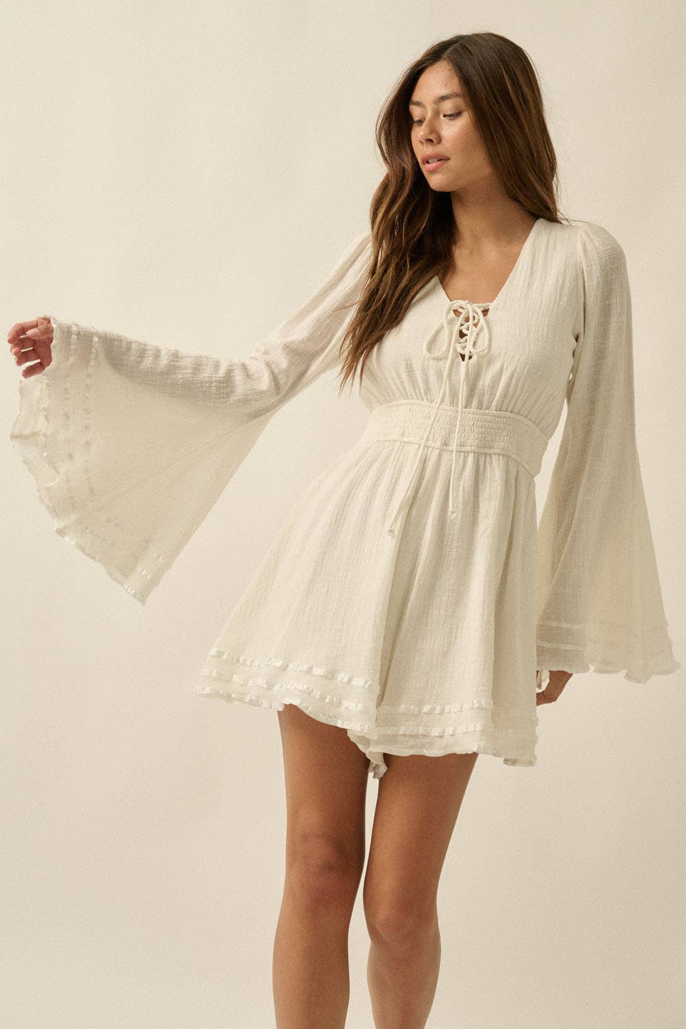 Cotton Gauze Lace-Up V-Neck Bell-Sleeve Ribbon-Trim Romper | Promesa