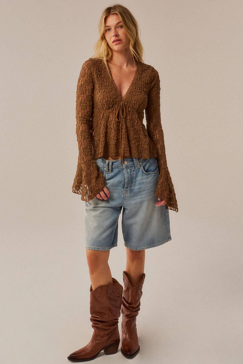 Floral Lace V-Neck Bell-Sleeve Empire-Waist Top | Promesa