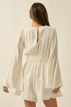 Cotton Gauze Lace-Up V-Neck Bell-Sleeve Ribbon-Trim Romper | Promesa