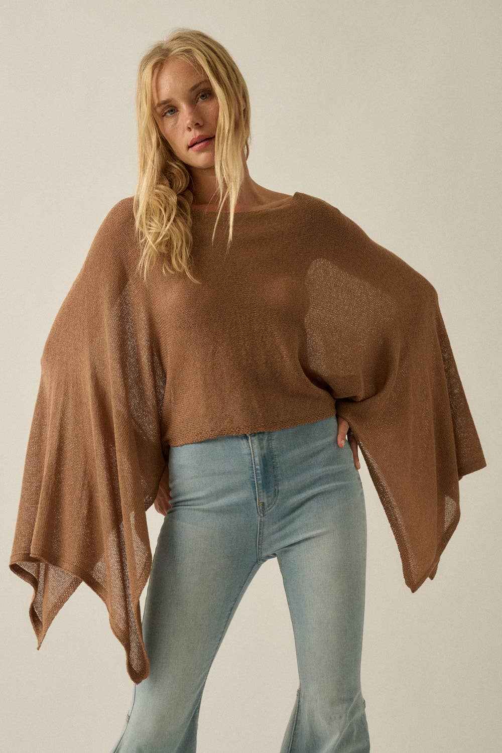 Sheer Lightweight Knit Cropped Poncho Sweater Taupe | Promesa