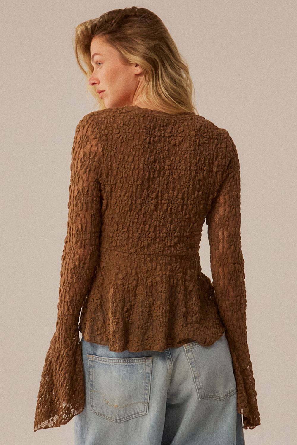 Floral Lace V-Neck Bell-Sleeve Empire-Waist Top | Promesa