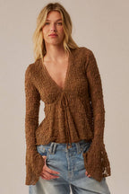 Floral Lace V-Neck Bell-Sleeve Empire-Waist Top | Promesa