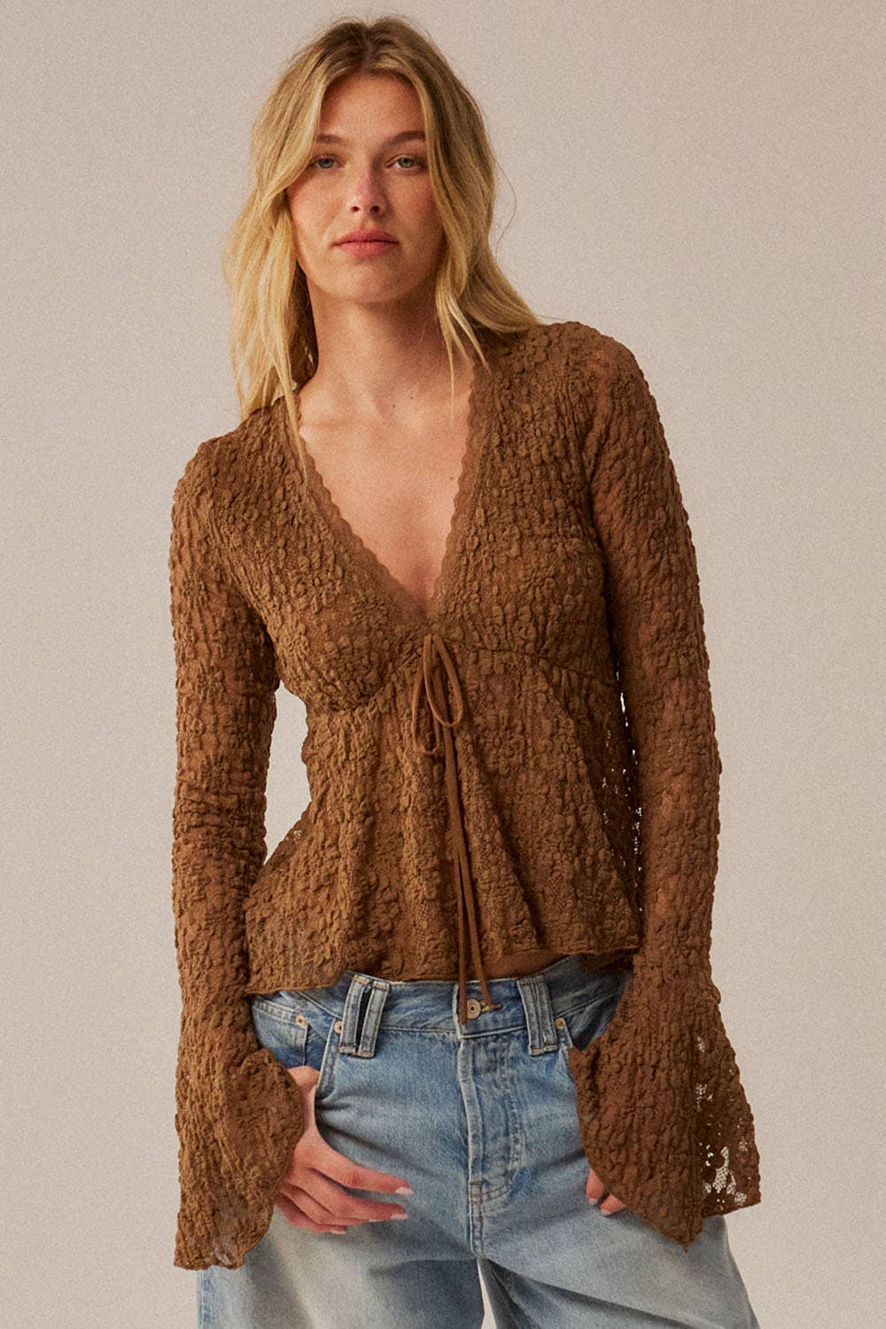 Floral Lace V-Neck Bell-Sleeve Empire-Waist Top | Promesa