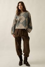 Argyle Plaid Knit Loose-Fit Dolman-Sleeve Sweater Grey | Promesa