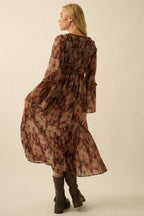 Floral-Print Bell-Sleeve Smocked Midi Dress | Promesa