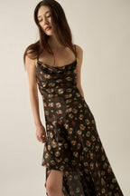 Floral Satin Asymmetrical Cowl-Neck Open-Back Maxi Dress | Promesa