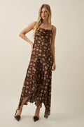 Floral Satin Asymmetrical Cowl-Neck Open-Back Maxi Dress | Promesa