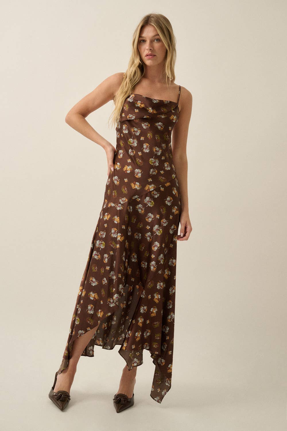 Floral Satin Asymmetrical Cowl-Neck Open-Back Maxi Dress | Promesa