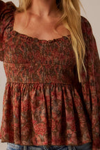 Floral-Print Sweetheart Smocked Peplum Peasant Top Olive | Promesa