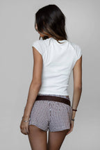 Horsey Notched Neck Ribbed Graphic Western Short Sleeve Top
