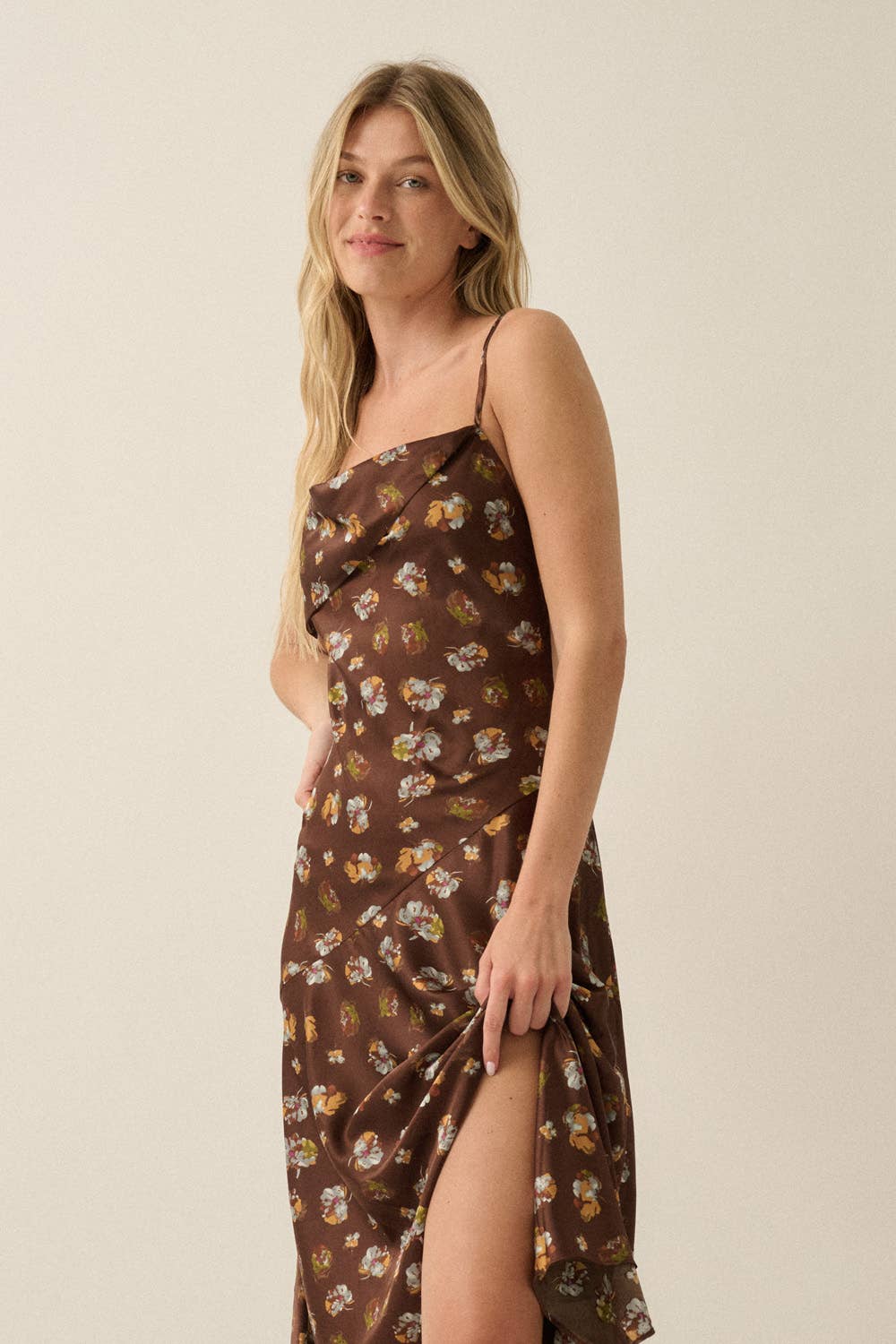 Floral Satin Asymmetrical Cowl-Neck Open-Back Maxi Dress | Promesa