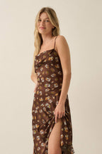 Floral Satin Asymmetrical Cowl-Neck Open-Back Maxi Dress | Promesa