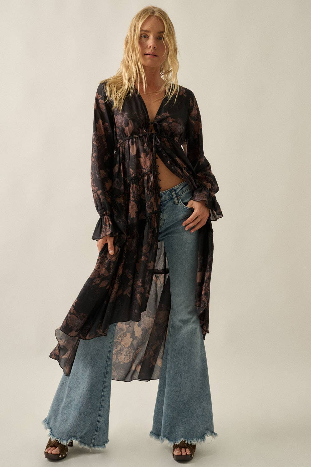Floral Chiffon Ruffled Trumpet-Sleeve High-Low Midi Dress | Promesa