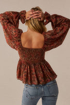 Floral-Print Sweetheart Smocked Peplum Peasant Top Olive | Promesa
