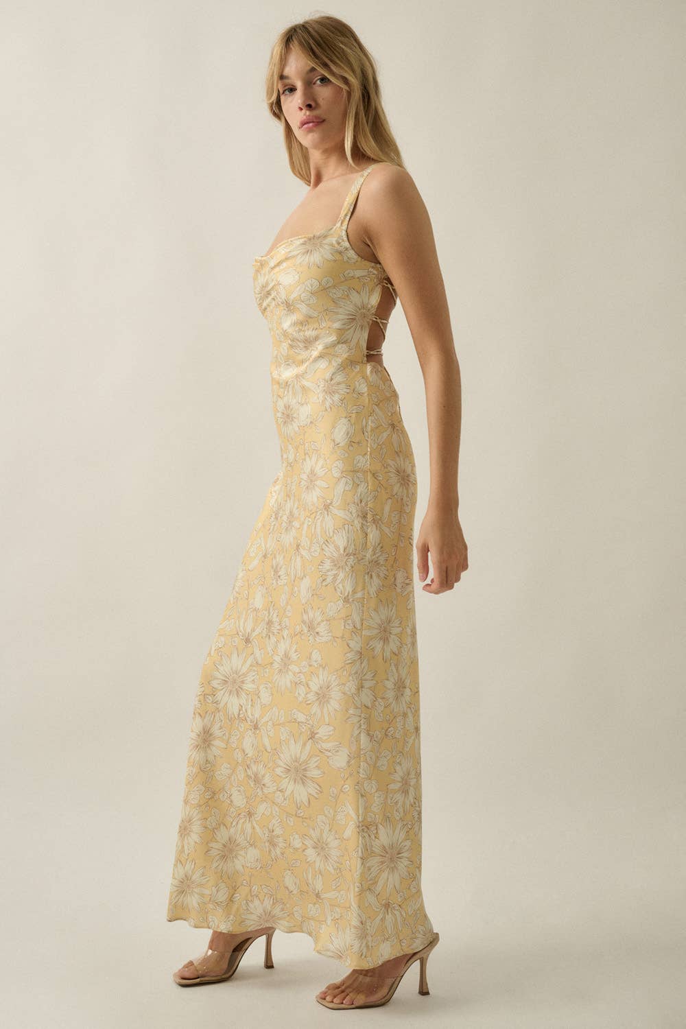 Floral-Print Satin Open-Back Lace-Up Maxi Dress | Promesa