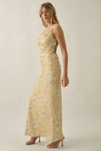 Floral-Print Satin Open-Back Lace-Up Maxi Dress | Promesa