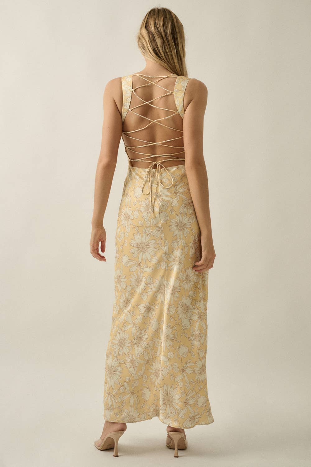 Floral-Print Satin Open-Back Lace-Up Maxi Dress | Promesa