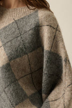 Argyle Plaid Knit Loose-Fit Dolman-Sleeve Sweater Grey | Promesa